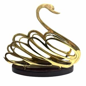 Solid Brass Swan Sculpture Magazine Holder Made England 3 Part Walnut Base MCM